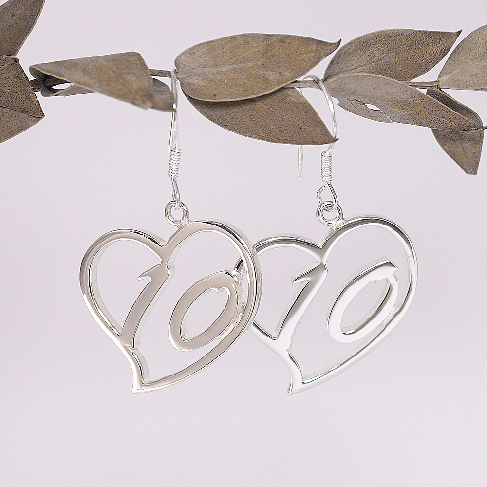 愛心外框英文純銀耳環(一對)垂吊耳勾款銀飾|客製化耳環