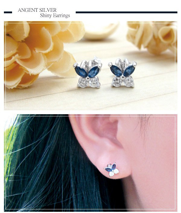 晶鑽藍蝶造型耳針純銀耳環推薦|925銀飾