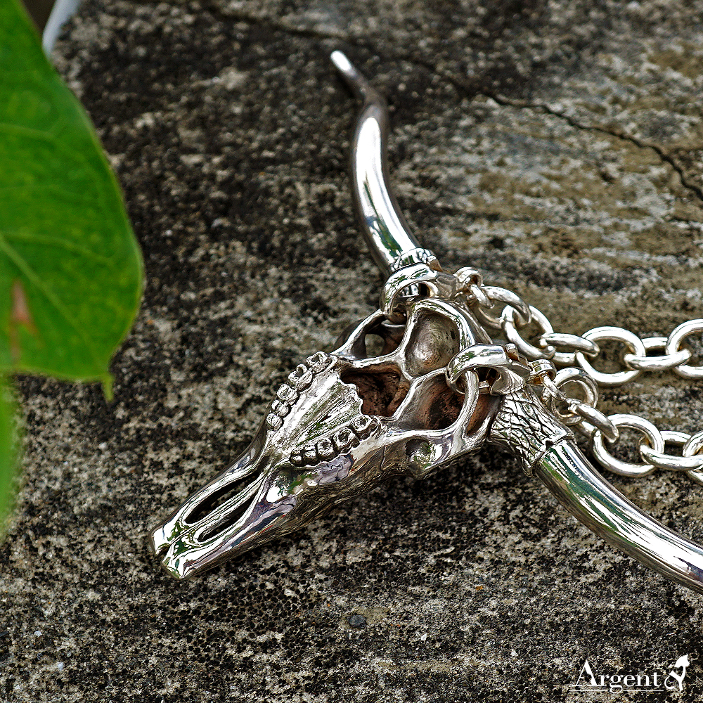 「牛頭骷髏」動物造型雕刻純銀項鍊銀飾|銀項鍊推薦 動物骷髏 牛骨飾品