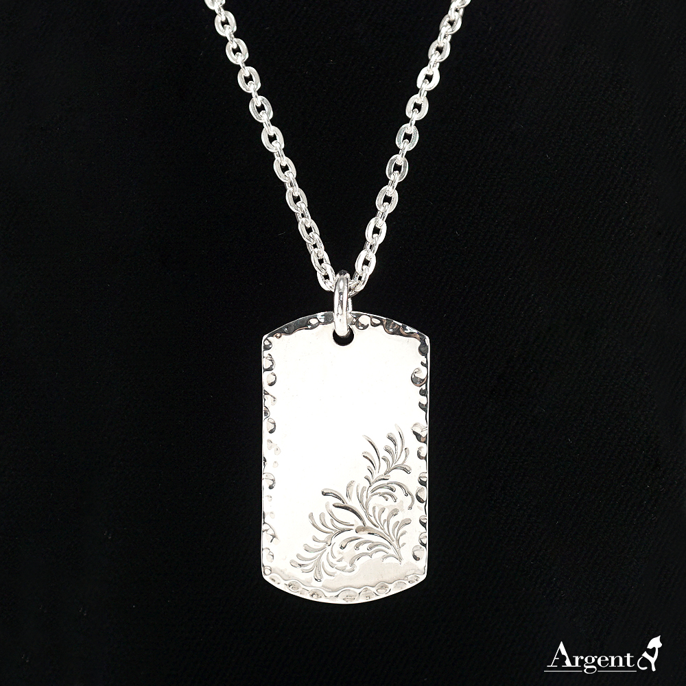 長方軍牌(中)唐草手工刻紋路項鍊銀飾
