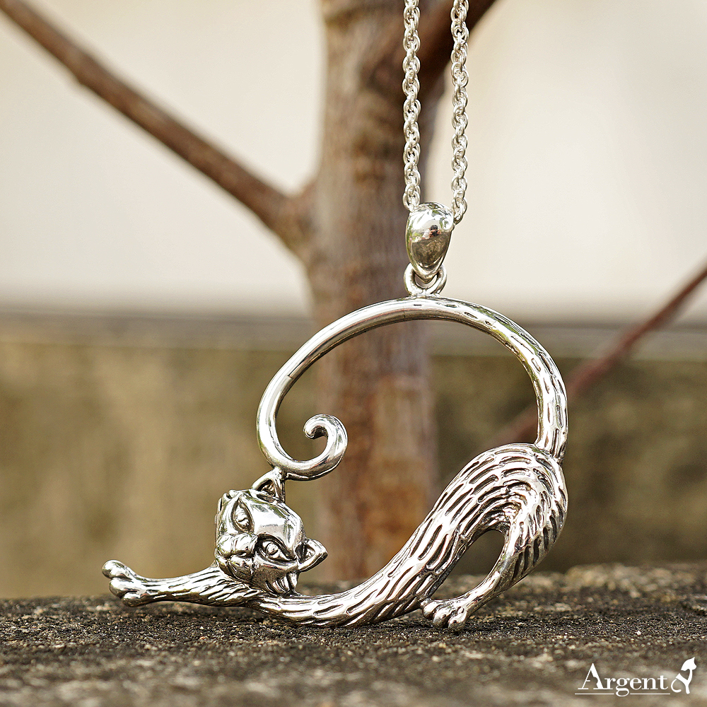慵懶貓(配2mm鍊)-正面立體造型動物雕刻純銀項鍊 