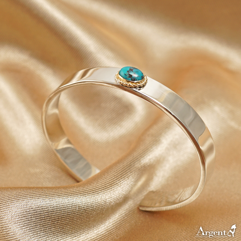 簡約綠松石(18K金麻花邊/寬10mm)」純銀手環|純銀手鐲