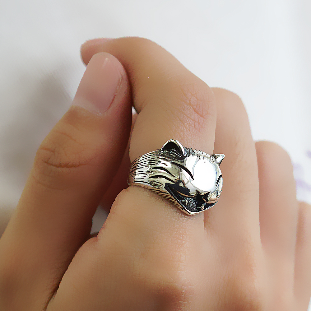 開心貓動物造型雕刻純銀戒指|戒指推薦