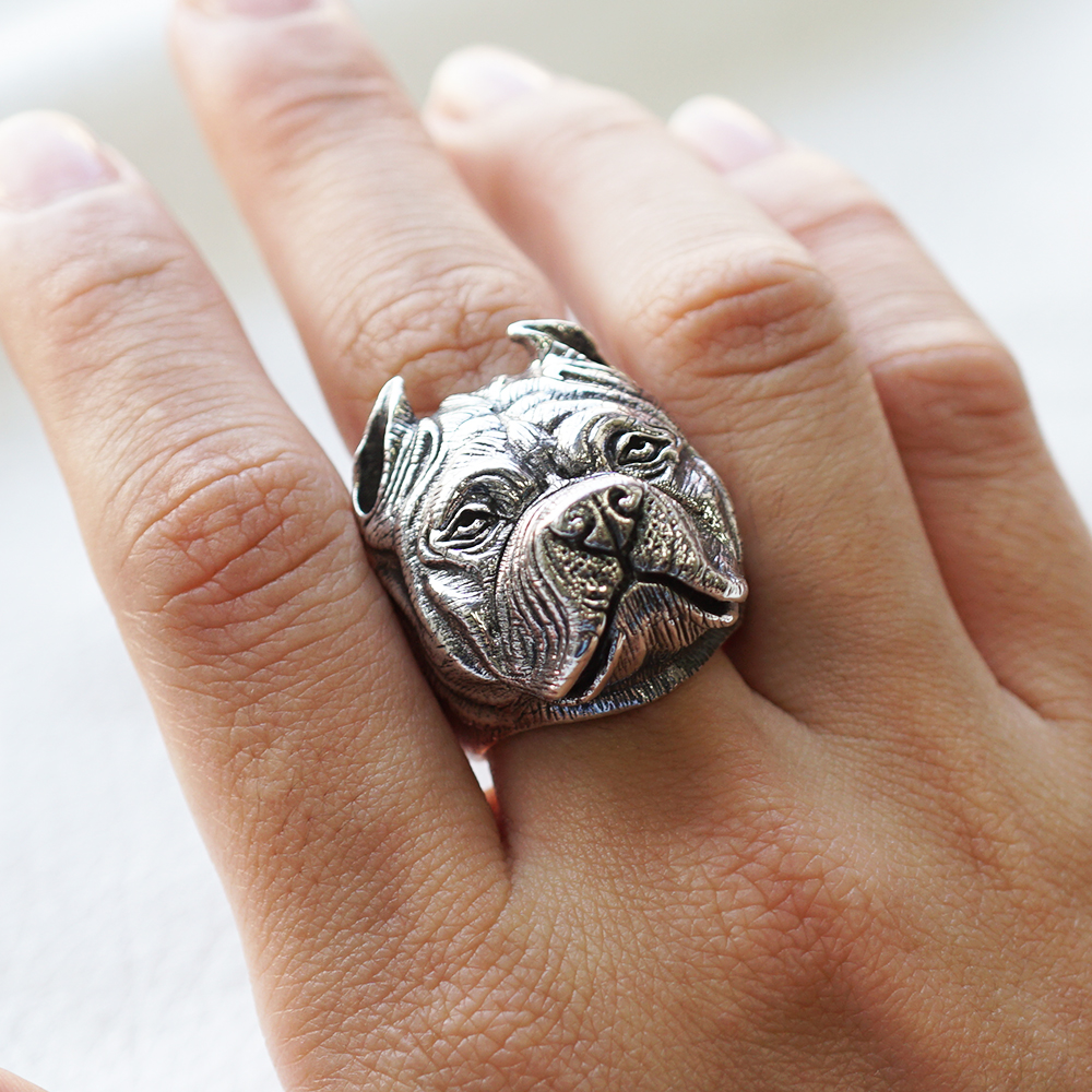 鬥牛犬動物造型雕刻純銀戒指|戒指推薦