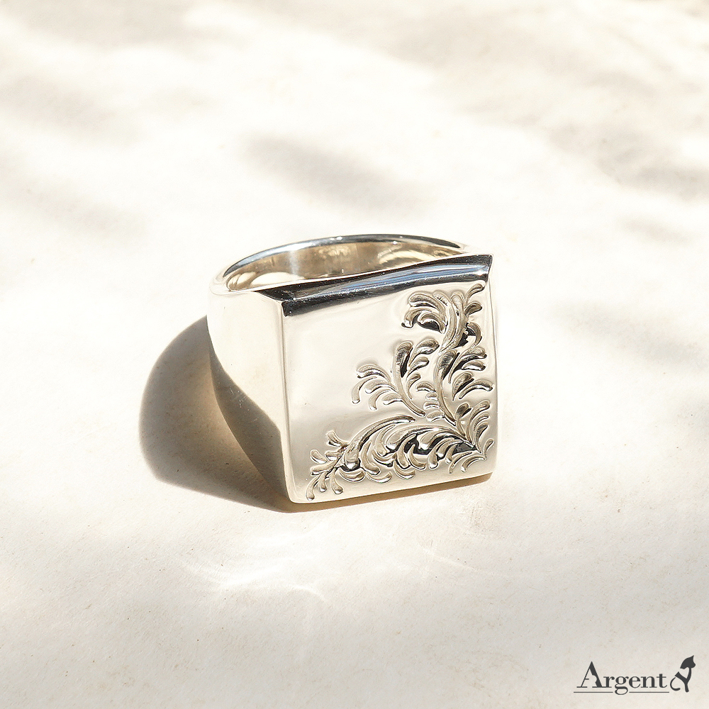 印章戒(方形)(唐草)純銀戒指