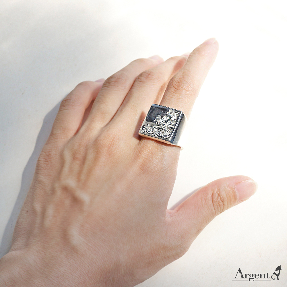 印章戒(方形)(唐草)純銀戒指